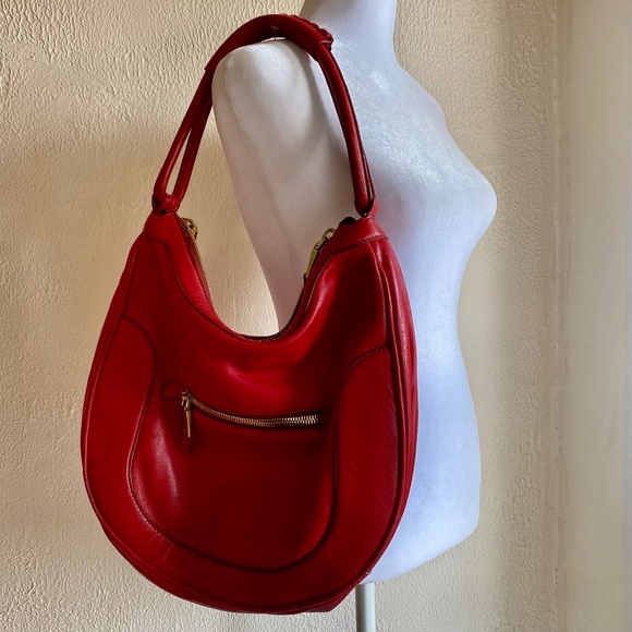 J. Crew red leather hobo handbag with brass hardware and dust bag. - Picture 1 of 13